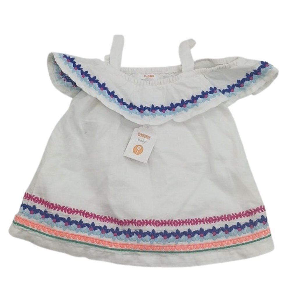 GYMBOREE Dress Boho Embroidered White Ruffle Linen Blend Girls Size 0-3 Months